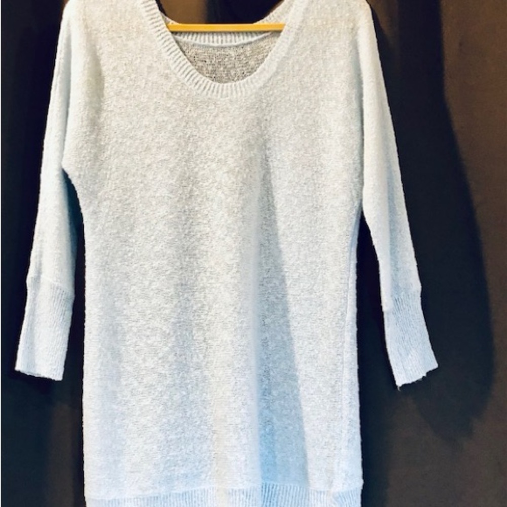 Elegant light blue blouse/sweater,boucle yarn knitted,3/4 sleeve.Size L,ptp 18
